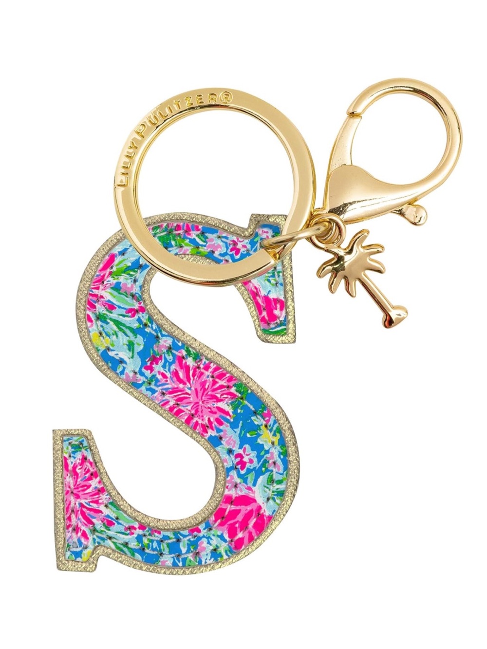 Lilly Pulitzer Floral 'S' Initial Keychain in Pink & Blue with Gold - New